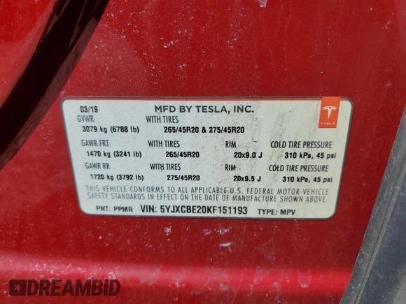 2019 Tesla Model X 75D with VIN 5YJXCBE20KF151193, listed as a Copart auction lot 52478715 with 54,638 mi miles and Salvage Title. Bid and sale history available at carsss.com. Image 14.