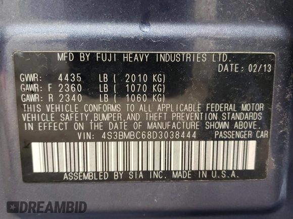 2013 Subaru Legacy Premium z VIN 4S3BMBC68D3038444, wystawiony jako Copart lot #54745195 z przebiegiem 189 357 mil mil oraz Czysty tytuł • Clean title. Historia ofert i sprzedaży dostępna na DreamBid. Obrazek 12.