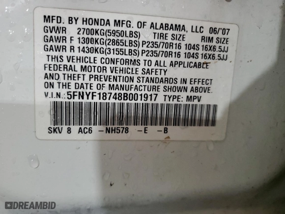 2008 Honda Pilot EX-L with VIN 5FNYF18748B001917, listed as a Copart auction lot 45223985 with 227,808 mi miles and Salvage Title. Bid and sale history available at carsss.com. Image 14.