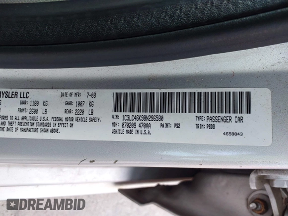 2008 Chrysler Sebring LX с VIN 1C3LC46K98N296580, выставлен на аукционе IAAI как лот 42061791 с пробегом 192 841 миль миль и . История ставок и продаж доступна на DreamBid. Изображение 9.