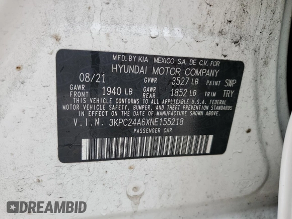 2022 Hyundai Accent SE with VIN 3KPC24A6XNE155218, listed as a Copart auction lot 85602134 with 60,007 mi miles and Salvage Title. Bid and sale history available at carsss.com. Image 12.