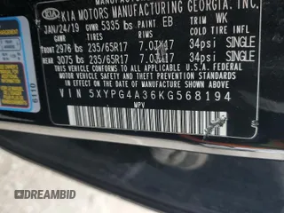 2019 Kia Sorento LX with VIN 5XYPG4A36KG568194, listed as a Copart auction lot 48190995 with 108,150 mi miles and Salvage Title. Bid and sale history available at carsss.com. Image 13.