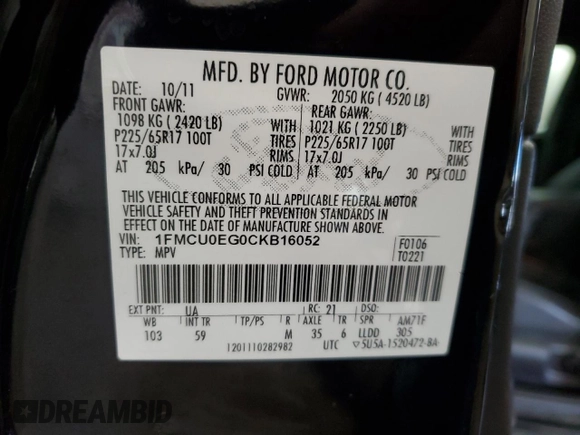 2012 Ford Escape Limited with VIN 1FMCU0EG0CKB16052, listed as a Copart auction lot 52438015 with 130,422 mi miles and Salvage Title. Bid and sale history available at carsss.com. Image 14.
