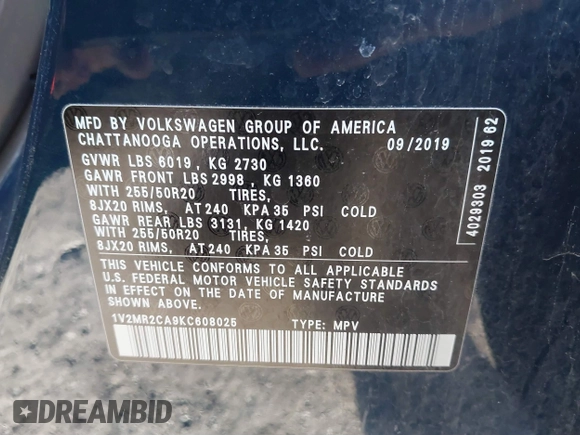 2019 Volkswagen Atlas SEL with VIN 1V2MR2CA9KC608025, listed as a IAAI auction lot 41866519 with 112,477 mi miles and . Bid and sale history available at DreamBid. Image 9.