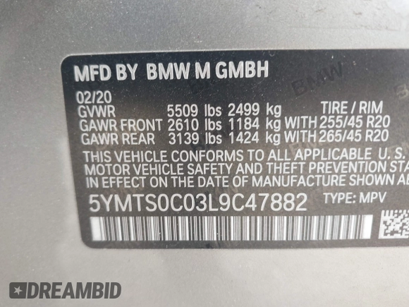 2020 BMW X3 M Competition with VIN 5YMTS0C03L9C47882, listed as a IAAI auction lot 42190990 with 69,103 mi miles and . Bid and sale history available at DreamBid. Image 9.