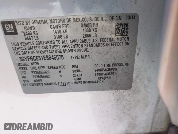 2014 Cadillac SRX Performance Collection with VIN 3GYFNCE31ES646075, listed as a IAAI auction lot 41856378 with 172,379 mi miles. Bid and sale history available at carsss.com. Image 9.