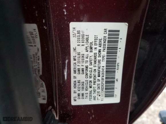 2015 Honda Accord Sedan Sport with VIN 1HGCR2F59FA093414, listed as a Copart auction lot 88124645 with 216,167 mi miles and Non Repairable. Bid and sale history available at carsss.com. Image 15.