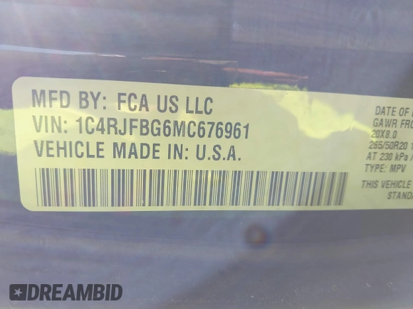 2021 Jeep Grand Cherokee Limited with VIN 1C4RJFBG6MC676961, listed as a IAAI auction lot 41898352 with 28,645 mi miles and . Bid and sale history available at DreamBid. Image 9.