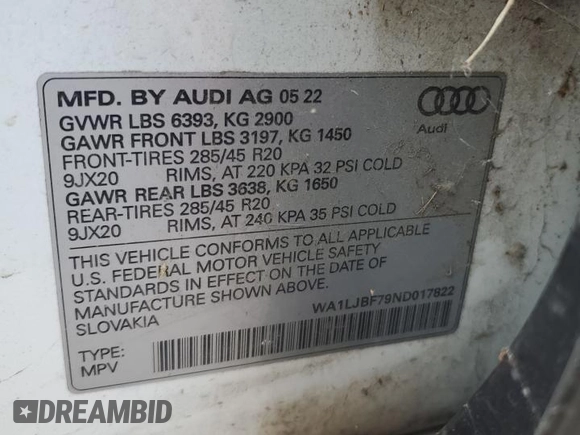 2022 Audi Q7 Premium Plus with VIN WA1LJBF79ND017822, listed as a Copart auction lot 59515795 with 71,101 mi miles and Salvage title. Bid and sale history available at DreamBid. Image 12.