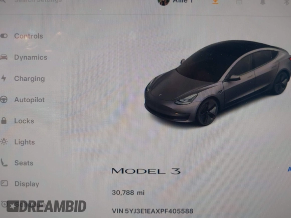 2023 Tesla Model 3 with VIN 5YJ3E1EAXPF405588, listed as a IAAI auction lot 42348952 with 30,788 mi miles and . Bid and sale history available at DreamBid. Image 7.