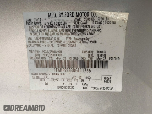 2013 Ford Taurus SEL with VIN 1FAHP2E83DG111766, listed as a IAAI auction lot 42041504 with 158,468 mi miles. Bid and sale history available at carsss.com. Image 9.