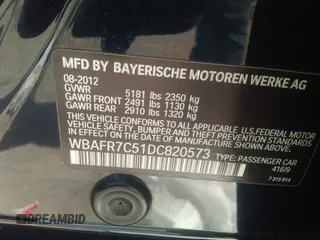2013 BMW 5 Series 535i with VIN WBAFR7C51DC820573, listed as a IAAI auction lot 32790351 with Not Provided miles and . Bid and sale history available at DreamBid. Image 9.
