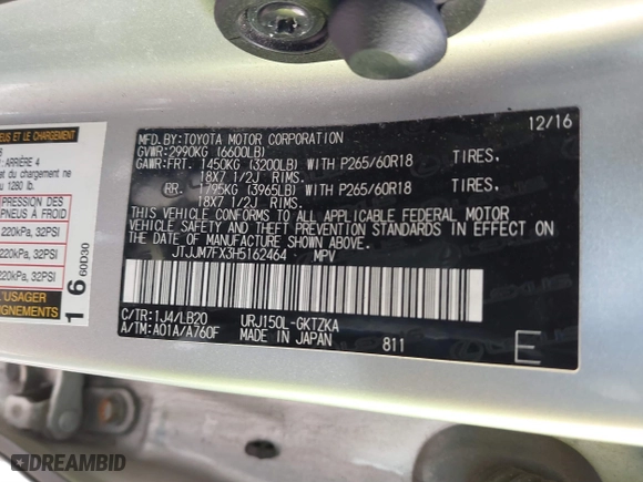 2017 Lexus GX with VIN JTJJM7FX3H5162464, listed as a IAAI auction lot 41774599 with 98,097 mi miles. Bid and sale history available at carsss.com. Image 9.