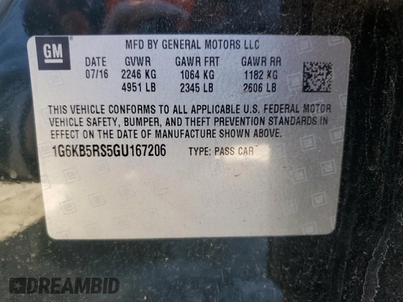 2016 Cadillac CT6 AWD with VIN 1G6KB5RS5GU167206, listed as a Copart auction lot 86064454 with 125,947 mi miles and Salvage title. Bid and sale history available at DreamBid. Image 12.