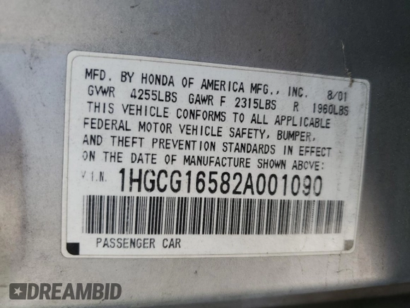 2002 Honda Accord EX z VIN 1HGCG16582A001090, wystawiony jako Copart lot #58244785 z przebiegiem 99 158 mil mil oraz Szkoda całkowita • Salvage title. Historia ofert i sprzedaży dostępna na DreamBid. Obrazek 12.