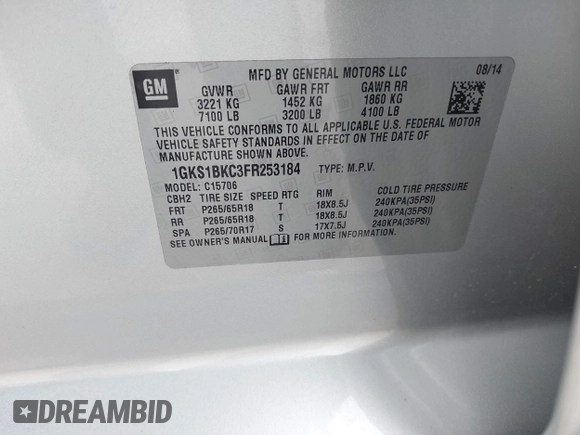 2015 GMC Yukon SLT with VIN 1GKS1BKC3FR253184, listed as a IAAI auction lot 41574610 with 152,543 mi miles. Bid and sale history available at carsss.com. Image 9.