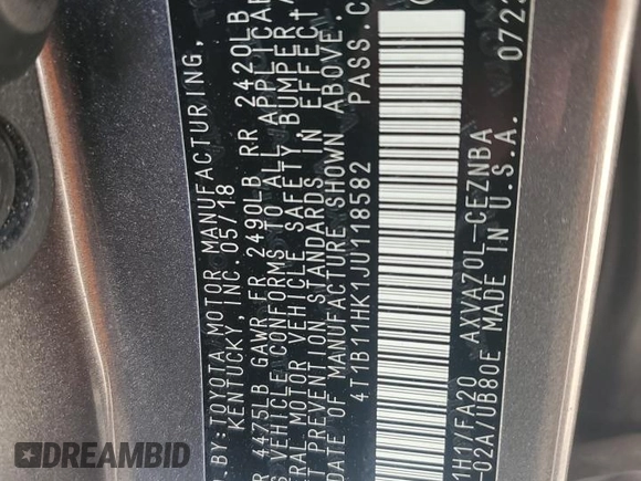 2018 Toyota Camry LE с VIN 4T1B11HK1JU118582, выставлен на аукционе Copart как лот 57972895 с пробегом 39 776 миль миль и Списание • Salvage title. История ставок и продаж доступна на DreamBid. Изображение 12.