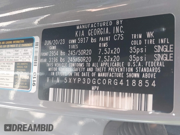 2024 Kia Telluride EX с VIN 5XYP3DGC0RG418854, выставлен на аукционе IAAI как лот 42196909 с пробегом 37 661 миль миль и . История ставок и продаж доступна на DreamBid. Изображение 9.