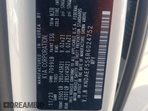 2024 Kia EV9 GT-Line with VIN KNDAEFS56R6024752, listed as a Copart auction lot 75038004 with 2,831 mi miles and Salvage Title. Bid and sale history available at carsss.com. Image 14.