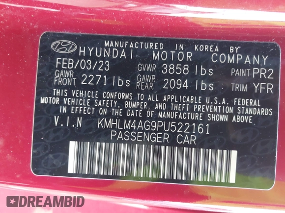 2023 Hyundai Elantra SEL with VIN KMHLM4AG9PU522161, listed as a IAAI auction lot 41738537 with 30,035 mi miles and . Bid and sale history available at DreamBid. Image 9.