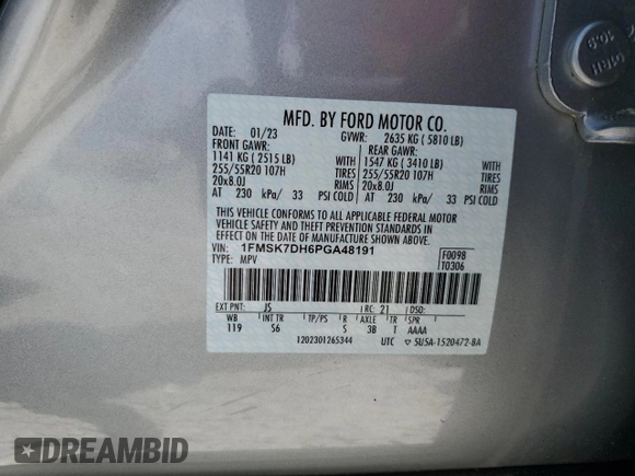 2023 Ford Explorer XLT with VIN 1FMSK7DH6PGA48191, listed as a Copart auction lot 62588395 with 24,383 mi miles and Salvage title. Bid and sale history available at DreamBid. Image 12.