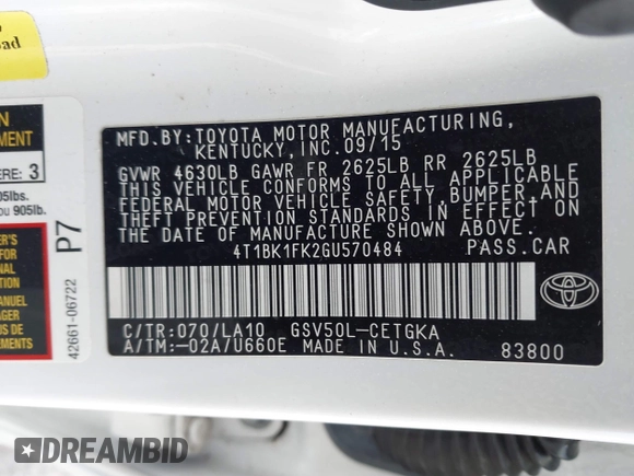 2016 Toyota Camry XSE with VIN 4T1BK1FK2GU570484, listed as a IAAI auction lot 41395359 with 122,852 mi miles. Bid and sale history available at carsss.com. Image 9.