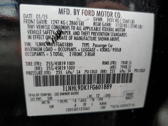 2015 Lincoln MKS z VIN 1LNHL9DK1FG601889, wystawiony jako Copart lot #60241635 z przebiegiem 249 283 mil mil oraz Czysty tytuł • Clean title. Historia ofert i sprzedaży dostępna na DreamBid. Obrazek 12.