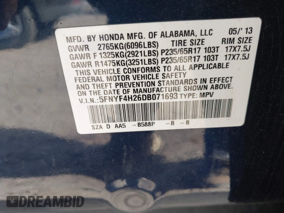2013 Honda Pilot LX with VIN 5FNYF4H26DB071693, listed as a IAAI auction lot 42124357 with 151,494 mi miles and . Bid and sale history available at DreamBid. Image 9.