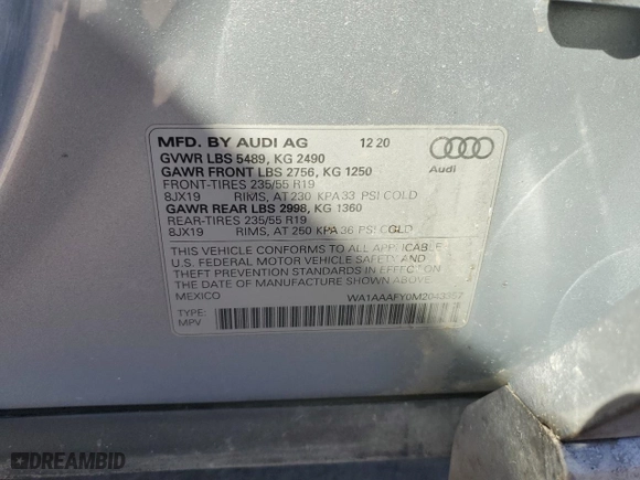 2021 Audi Q5 Premium with VIN WA1AAAFY0M2043357, listed as a Copart auction lot 46441855 with 54,039 mi miles and Salvage Title. Bid and sale history available at carsss.com. Image 14.