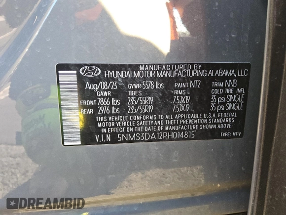 2023 Hyundai Santa Fe Hybrid SEL Premium with VIN 5NMS3DA12PH014815, listed as a Copart auction lot 87595635 with 0 mi miles and Salvage Title. Bid and sale history available at carsss.com. Image 9.