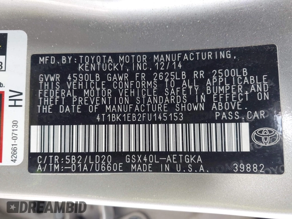 2015 Toyota Avalon Limited with VIN 4T1BK1EB2FU145153, listed as a IAAI auction lot 42073193 with 102,814 mi miles and . Bid and sale history available at DreamBid. Image 9.