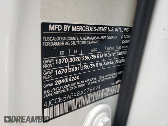 2008 Mercedes-Benz R 3.5L with VIN 4JGCB56EX8A076494, listed as a Copart auction lot 41799555 with 203,295 mi miles and Clean title. Bid and sale history available at DreamBid. Image 14.