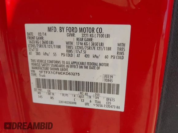 2014 Ford F-150 XL with VIN 1FTFX1CF0EKD63275, listed as a IAAI auction lot 41779075 with 250,504 mi miles. Bid and sale history available at carsss.com. Image 9.