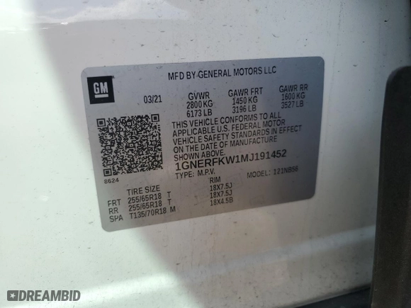 2021 Chevrolet Traverse LS with VIN 1GNERFKW1MJ191452, listed as a Copart auction lot 45590565 with 56,185 mi miles and Salvage Title. Bid and sale history available at carsss.com. Image 13.