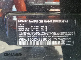 2019 BMW 5 Series M550i xDrive with VIN WBAJB9C53KB289356, listed as a Copart auction lot 57814535 with 60,454 mi miles and Clean title. Bid and sale history available at DreamBid. Image 13.
