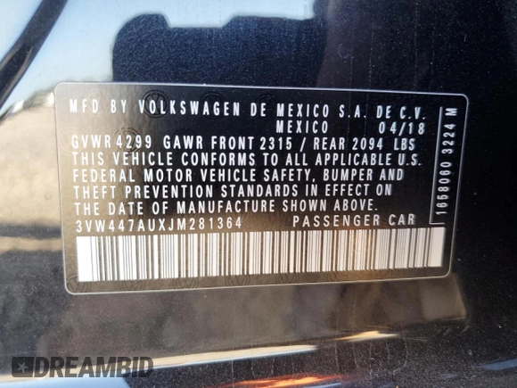 2018 Volkswagen Golf GTI S with VIN 3VW447AUXJM281364, listed as a Copart auction lot 67540504 with 91,966 mi miles and Salvage Title. Bid and sale history available at carsss.com. Image 12.