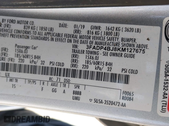 2019 Ford Fiesta SE with VIN 3FADP4BJ8KM127675, listed as a IAAI auction lot 41738931 with 38,573 mi miles. Bid and sale history available at carsss.com. Image 9.