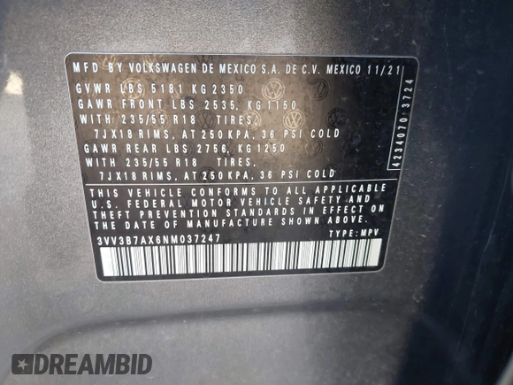 2022 Volkswagen Tiguan SE with VIN 3VV3B7AX6NM037247, listed as a IAAI auction lot 41644680 with 47,048 mi miles and . Bid and sale history available at DreamBid. Image 9.