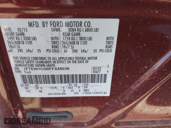 2015 Ford F-150 XL with VIN 1FTEW1CG0FFA55038, listed as a IAAI auction lot 41968878 with 50,189 mi miles and . Bid and sale history available at DreamBid. Image 9.