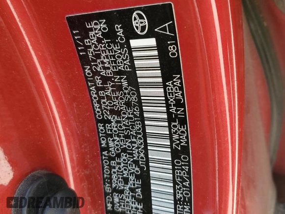 2011 Toyota Prius I with VIN JTDKN3DU3B1467807, listed as a Copart auction lot 52261185 with 209,111 mi miles and Salvage Title. Bid and sale history available at carsss.com. Image 12.