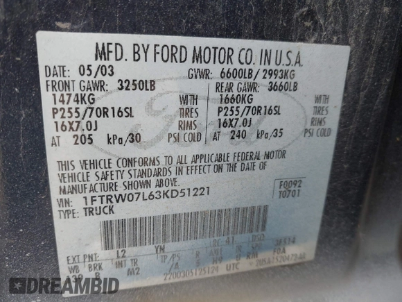 2003 Ford F-150 XLT with VIN 1FTRW07L63KD51221, listed as a IAAI auction lot 41883942 with Not Provided miles. Bid and sale history available at carsss.com. Image 9.
