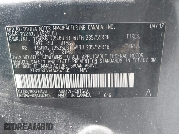 2017 Toyota RAV4 Limited with VIN 2T3YFREV6HW367535, listed as a IAAI auction lot 41843772 with 114,834 mi miles. Bid and sale history available at carsss.com. Image 9.
