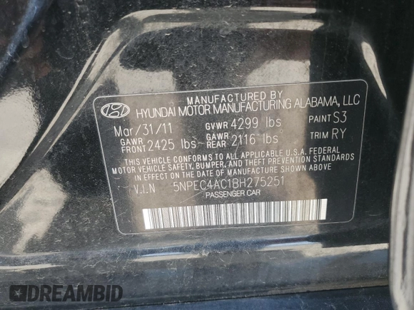 2011 Hyundai Sonata Limited with VIN 5NPEC4AC1BH275251, listed as a Copart auction lot 53206595 with 145,664 mi miles and Clean Title. Bid and sale history available at carsss.com. Image 12.