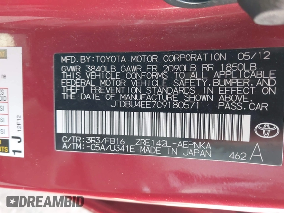 2012 Toyota Corolla L with VIN JTDBU4EE7C9180571, listed as a IAAI auction lot 41395893 with 136,195 mi miles and . Bid and sale history available at DreamBid. Image 9.