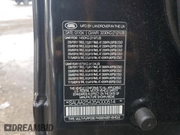 2005 Land Rover LR3 SE z VIN SALAA25435A000514, wystawiony jako Copart lot #78617434 z przebiegiem 150 663 mil mil oraz Czysty tytuł • Clean title. Historia ofert i sprzedaży dostępna na DreamBid. Obrazek 13.