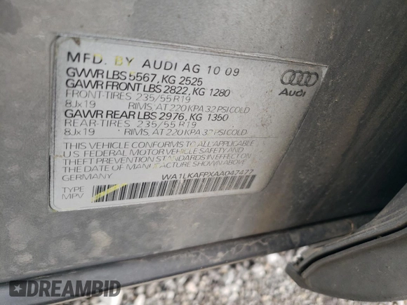 2010 Audi Q5 Premium Plus with VIN WA1LKAFPXAA047477, listed as a Copart auction lot 61100405 with 126,396 mi miles and Salvage title. Bid and sale history available at DreamBid. Image 13.