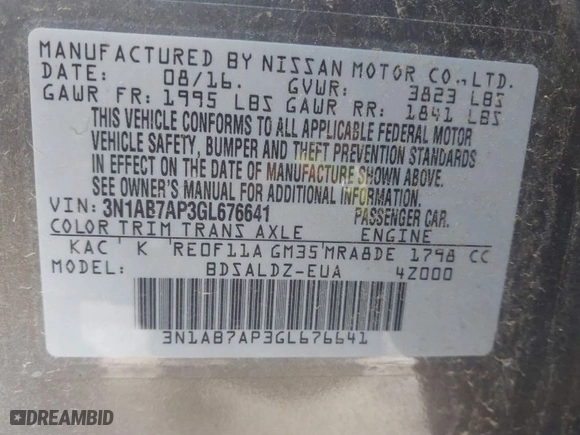 2016 Nissan Sentra SR with VIN 3N1AB7AP3GL676641, listed as a IAAI auction lot 41744797 with 108,855 mi miles. Bid and sale history available at carsss.com. Image 9.