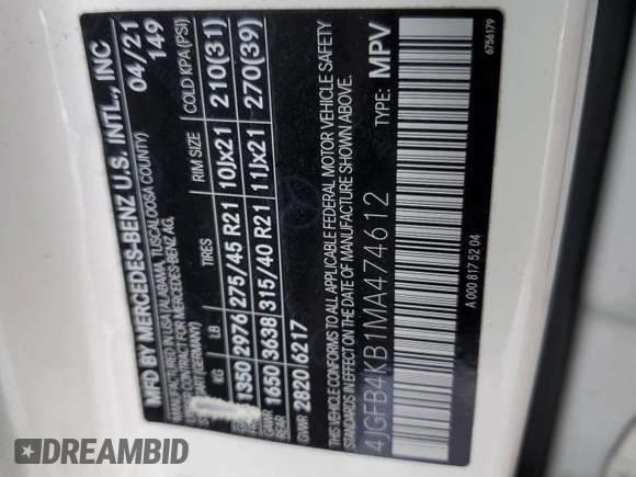 2021 Mercedes-Benz GLE 350 with VIN 4JGFB4KB1MA474612, listed as a Copart auction lot 49530735 with 77,575 mi miles and Salvage title. Bid and sale history available at DreamBid. Image 14.