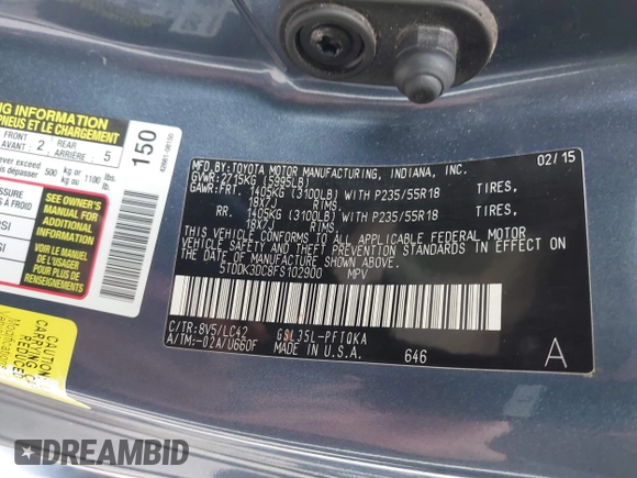 2015 Toyota Sienna Limited with VIN 5TDDK3DC8FS102900, listed as a IAAI auction lot 42449627 with 85,261 mi miles and . Bid and sale history available at DreamBid. Image 9.