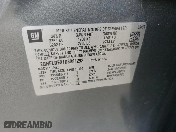 2013 Chevrolet Equinox LT with VIN 2GNFLDE31D6381292, listed as a Copart auction lot 53265285 with 70,936 mi miles and Salvage Title. Bid and sale history available at DreamBid. Image 13.